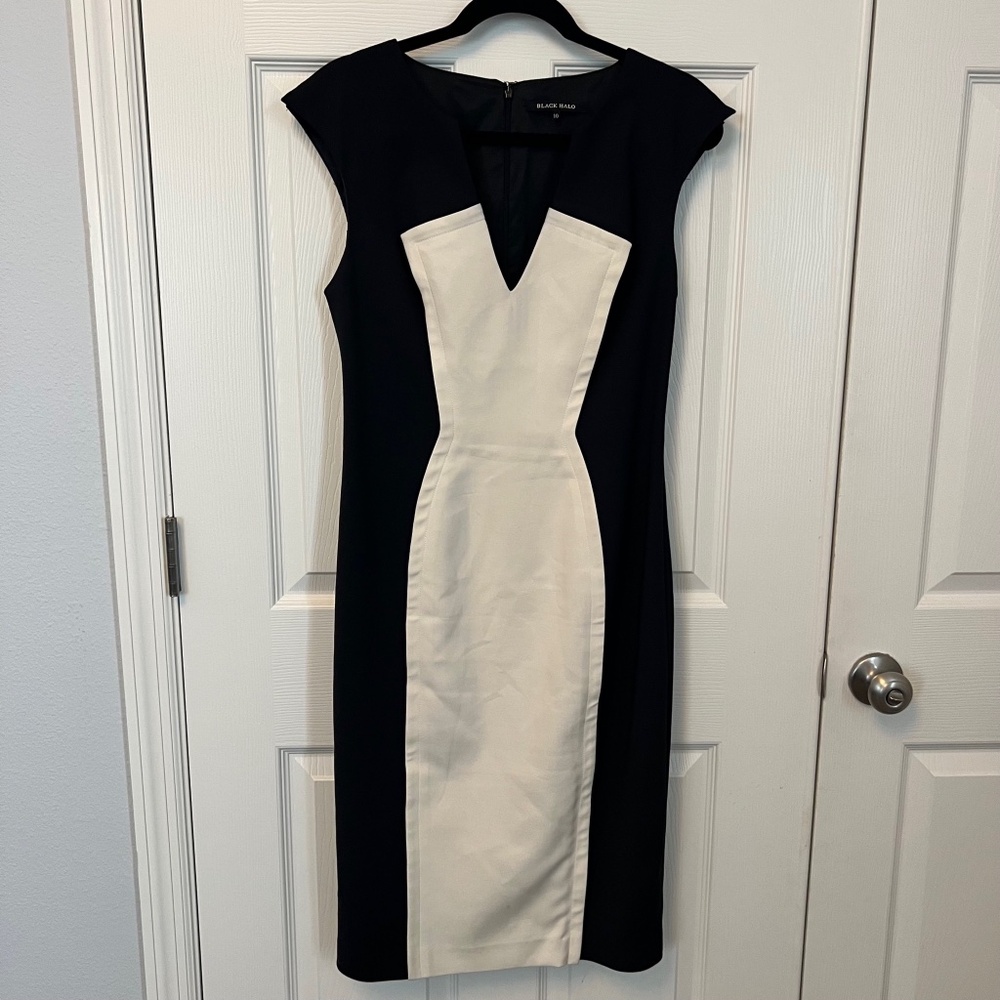 Black Halo Women's Black/White Office Holiday Evening Event Sheath Dress 10